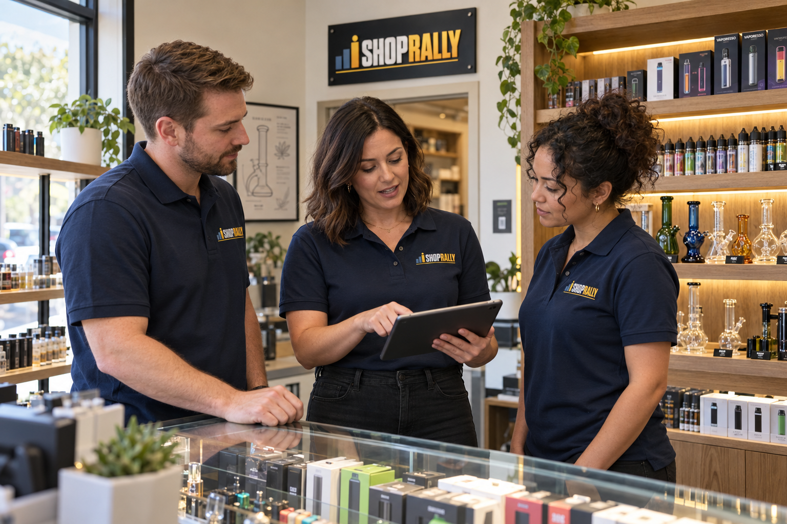 A retail manager sharing product training with two team members