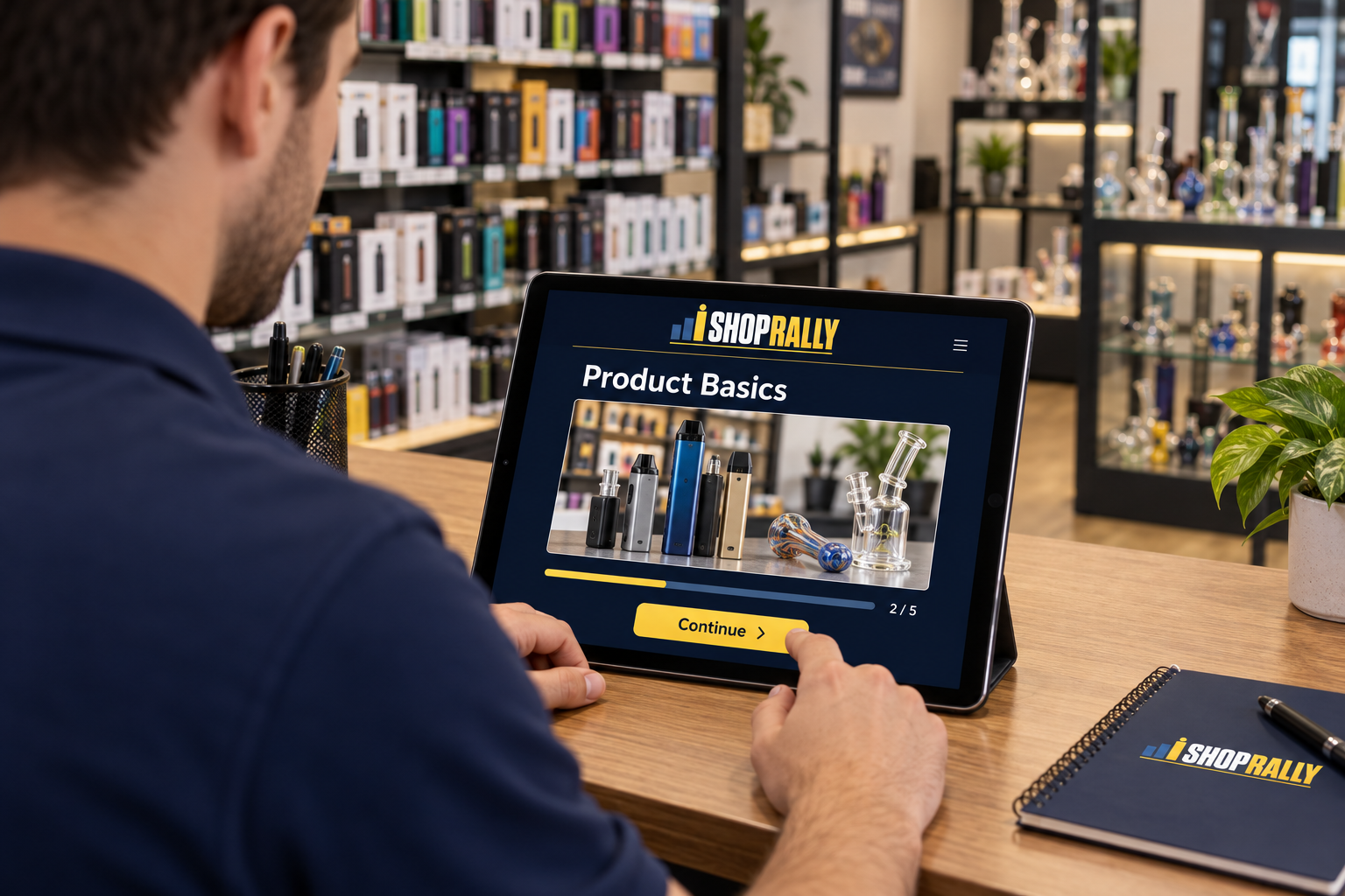 An employee working through a product lesson on a tablet